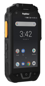 RugGear rugged Android smartphone in black with orange side button; home screen shows Google search bar and app icons on a dark display