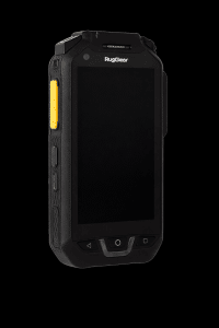 RugGear rugged handheld computer with a large touchscreen and a yellow side button on the left, shown against a black background