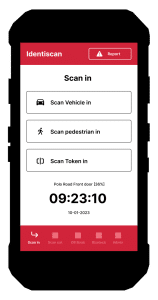 Identiscan app screen with three 'Scan in' options (Vehicle, Pedestrian, Token), red header, and timer showing 09:23:10 at Polo Road Front door on 10-01-2023.