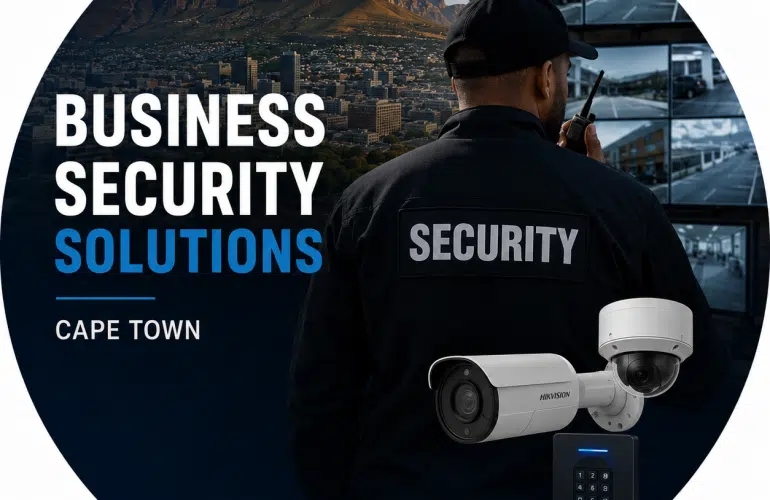 Security guard with CCTV cameras and access keypad, promoting business security solutions in Cape Town.