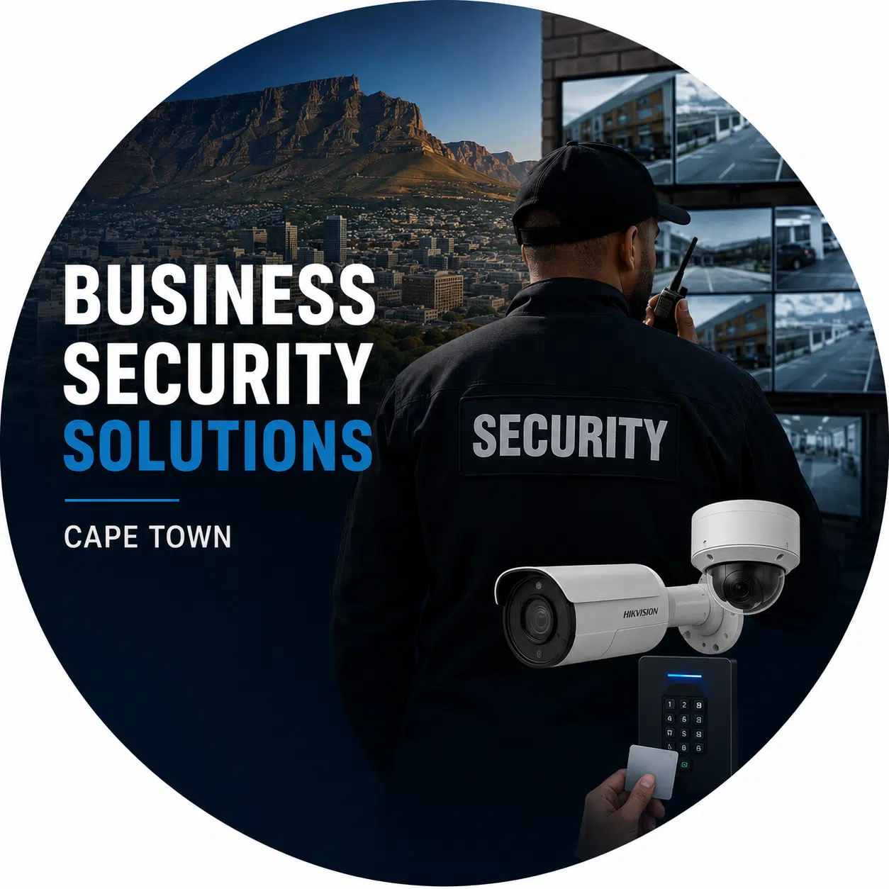 Security guard with CCTV cameras and access keypad, promoting business security solutions in Cape Town.