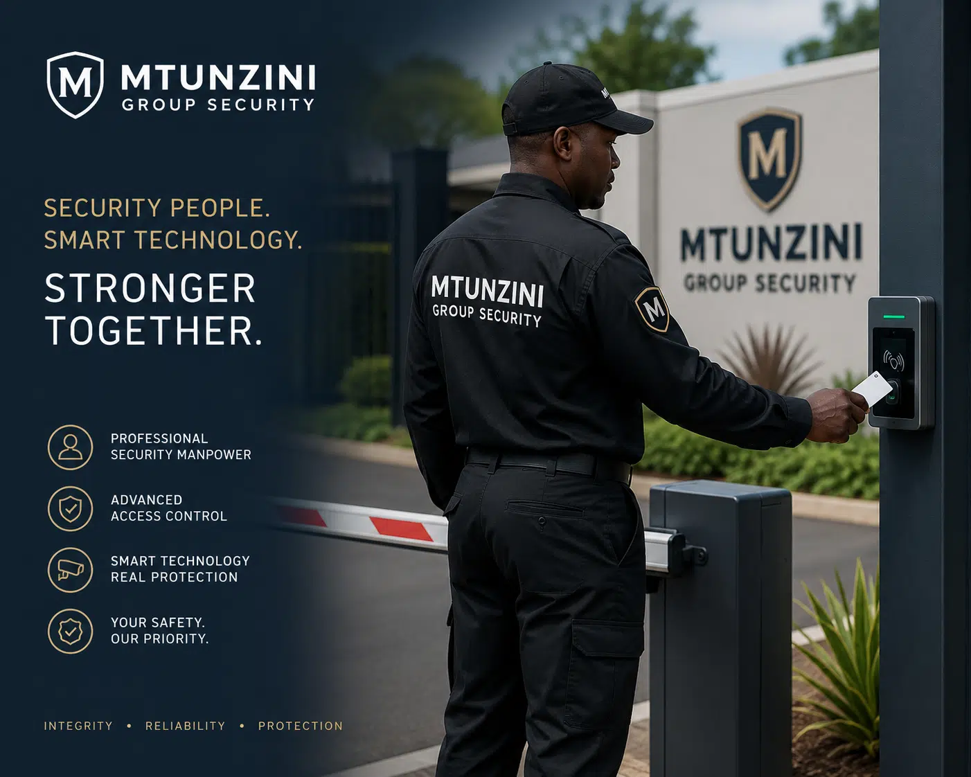 Security guard from MTUNZINI Group Security uses a card reader at the gate, with the company logo and slogan in view.