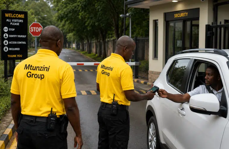 Two security guards in yellow MTunzini Group shirts stop a white SUV at a gated checkpoint, one hands a device to the driver as the barrier lowers.